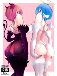 2girls angel ass ass_support bikini demon devil female female_focus female_only iggem pantyhose ram_(re:zero) re:zero_kara_hajimeru_isekai_seikatsu rem_(re:zero)