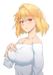 absurdres arcueid_brunestud bare_shoulders blonde_hair blouse blush breasts collarbone female fingernails hair_between_eyes hair_intakes hand_on_breast hand_up highres jewelry kiji_711 looking_at_viewer medium_breasts necklace off_shoulder parted_lips red_eyes shirt short_hair simple_background slit_pupils solo taut_clothes taut_shirt tsukihime upper_body white_shirt