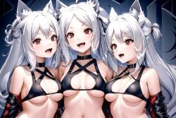 3girls ai_generated cerberus_(helltaker) demon dog_ears female female_only helltaker red_eyes tagme white_hair