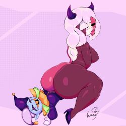 ass big_ass big_woman blush couple deltarune demon_horns friday_night_funkin friday_night_funkin_mod happy_sex heels high_heels imp jester jevil_(deltarune) kani_rah larger_female lovers mid-fight_masses multicolored_body naked_female reverse_cowgirl_position sarvente_(dokki.doodlez) shorter_male size_difference smaller_male succubus taller_female winking yellow_teeth