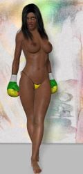 1girls 3d black_hair boxing_gloves cb1964 dark_skin dark_skinned_female micro_panties original panties topless topless_female yellow_panties