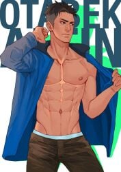 abs black_eyes black_hair black_pants blue_coat happy_trail male male_only maorenc open_coat otabek_altin solo solo_male tan_skin underwear_band yuri!!!_on_ice