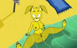 beach bunny bunny_girl danger nude rabbit surprised surprised_expression yellow_body