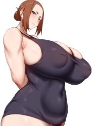 1girls arind_yudha big_breasts breasts brown_hair busty cleavage curvaceous curvy curvy_body curvy_female curvy_figure female female_pubic_hair huge_breasts inverted_nipples kaii_to_otome_to_kamikakushi large_breasts mole mole_under_eye nipples nipples_visible_through_clothing pubic_hair short_eyebrows small_eyebrows sumireko_ogawa swimsuit voluptuous white_background