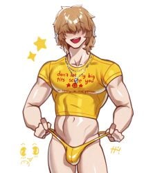 abs biceps big_breasts big_chest big_pecs brown_hair crop_top hair_covering_eyes huge_chest huge_pecs muscular muscular_male necklace pulling_panties sachuman sachuman_(sachuman) self_insert shaggy_hair speedo text_on_clothing