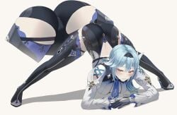 arm_rest ass black_gloves blue_hair blush boots brown_eyes crotch eula_(genshin_impact) female flexible frown full_body genshin_impact gloves high_heels jack-o'_challenge jack-o_pose legs_apart long_hair medium_res rdy shirt simple_background solo spread_legs thigh_boots top-down_bottom-up white_background white_shirt wide_spread_legs