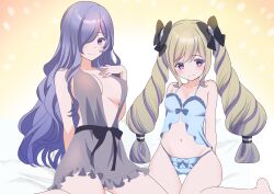 2girls absurdres azusa_(azchemist63) bare_legs bare_midriff barefoot blonde_hair blue_panties bow breasts camilla_(fire_emblem) drill_hair elise_(fire_emblem) female female_only fire_emblem fire_emblem_fates hair_between_eyes hair_bow hair_ornament hair_over_one_eye half-siblings hand_on_own_chest highres kneeling legs long_hair looking_at_viewer medium_breasts midriff multiple_girls multiple_hair_bows nightgown nintendo panties parted_bangs pink_eyes purple_eyes purple_hair siblings sideboob sidelocks small_breasts smile twin_drills twintails underwear very_long_hair wavy_hair yellow_hair