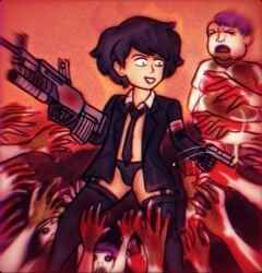 1boy angel_(angelindieart14) angelindieart14 assault_rifle bandage black_hair black_long_socks black_suit black_tie blood bullpup copper_skin fan_art fat fat_woman femboy femboy_only feminist green_hair hands hands_everywhere horde horde_female killing_floor killing_floor_2 latino latino_male long_socks oc original_character parody pistol pistol_in_hand poster purple_hair self_upload shooting smaller_male smile smoke stockings suit suit_and_tie tie wallpaper weapon woke