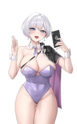 1girls blue_eyes blush breasts bunnysuit cleavage female female_only goddess_of_victory:_nikke liliweiss open_mouth phone selfie short_hair star_shaped_pupils thighs white_background white_hair