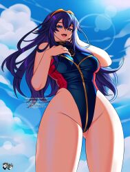 1girls adapted_costume alternate_costume ass_visible_through_thighs bare_thighs blue_eyes blue_hair blue_one-piece_swimsuit blue_swimsuit breasts female female_only fire_emblem fire_emblem_awakening fire_emblem_cipher from_below hand_on_own_chest hand_on_own_face jadenkaiba long_hair looking_at_viewer looking_down lucina_(fire_emblem) medium_breasts nintendo one-piece_swimsuit open_mouth outdoors smile solo swimsuit symbol-shaped_pupils thick_thighs thighs very_long_hair wide_hips