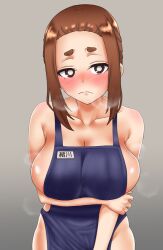 1girls apron apron_only big_breasts blush blush breasts brown_eyes brown_hair busty curvaceous curvy curvy_body curvy_female curvy_figure female huge_breasts kaii_to_otome_to_kamikakushi kenja_panda large_breasts mole mole_under_eye naked_apron short_eyebrows small_eyebrows sumireko_ogawa voluptuous