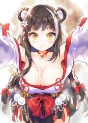 1girls azur_lane black_hair cleavage color colored extended_arms fart female female_focus female_only flower_in_hair hair_ornament huge_tail incoming_hug japanese_clothes kimono large_breasts long_hair looking_at_viewer naganami_(azur_lane) shortstack simple_background skunk_ears skunk_girl skunk_tail smile yellow_eyes