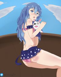 ass blue_eyes blue_hair curly_hair date_a_live himekawa_yoshino legs open_mouth sheong_wong yoshinon