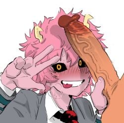 1girls black_sclera blush color_edit colored dekosukentr disembodied_penis edit eijirou_kirishima erection female heavy_breathing horns kogal large_penis looking_at_viewer mina_ashido my_hero_academia nose_blush penis penis_grab penis_on_face penis_shadow school_uniform short_hair smile solo_focus straight sweat tongue tongue_out v_over_eye veins veiny_penis yellow_eyes yellow_eyes_female