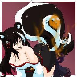 1girls 1other ass_in_face azur_lane black_hair cleavage color colored eproctophillia face_in_ass fart fart_fetish farting farting_on_face flower_in_hair huge_tail imminent_fart japanese_clothes kimono kita-kita-kitsune large_breasts long_hair looking_at_another looking_pleasured naganami_(azur_lane) red red_background skull skunk_ears skunk_girl skunk_tail yellow_eyes