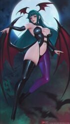 1girls alternate_costume asymmetrical_legwear bare_shoulders bat_(animal) big_breasts black_gloves breasts cleavage darkstalkers demon_girl female female_only full_moon gloves green_eyes green_hair head_wings high_heels highres huge_breasts huge_moon large_breasts latex long_hair looking_at_viewer midriff moon morrigan_aensland navel night night_sky paid_reward_available sade_abyss skin_tight sky smile solo succubus thick_thighs vampire_(game) wings