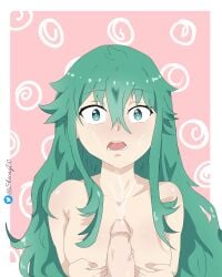 ass breast_grab clavicle cum cum_on_face curly_hair date_a_live dick flat_chest green_eyes green_hair kyouno_natsumi long_hair paizuri sheong_wong surprised surprised_expression titfuck titjob