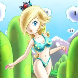 1girls bikini blue_bikini blue_bikini_bottom blue_bikini_top blue_eyes boobs breasts crown ear_piercing earrings female female_only female_solo mario_(series) nintendo one_eye_covered one_female only_female outdoors pink_nails princess_rosalina sky solo solo_female solo_only super_mario_bros. thetrashman