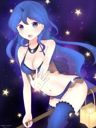 1girls adorable belly_button blue_bra blue_eyes blue_hair blue_legwear blue_panties blue_thighhighs blue_underwear bra breasts broom busty busty_female cleavage clothed clothing cute cute_face cutie_mark female flying friendship_is_magic frilled_bra frilled_panties frills happy happy_female holding horn human humanized legwear long_hair looking_at_viewer medium_breasts my_little_pony navel night night_sky open_mouth open_smile panties personification princess_luna_(mlp) sexy sky smile smile_at_viewer solo solo_female star star_(symbol) starry_background thighhighs underwear vanillafox2035 waving