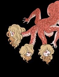 3_heads 5_fingers ass black_background breasts butt dragon dragon_girl long_neck panoramango scales simple_background solid_color_background tits