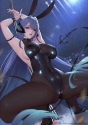 1girls ? anchor_ornament animal_ears arm_strap armpits arms_up azur_lane black_footwear black_leotard blue_hair bodystocking breasts covered_navel covered_nipples eagle_union_(azur_lane) fake_animal_ears female full_body high_heels highres impossible_clothes impossible_leotard leotard light-skinned_female light_skin long_hair looking_at_viewer new_jersey_(azur_lane) new_jersey_(exhilarating_steps!)_(azur_lane) nightclub official_alternate_costume pantyhose playboy_bunny pole pole_dancing purple_eyes rabbit_ears sade_abyss skin_tight solo spread_legs squatting stage_lights stiletto_heels stripper_pole