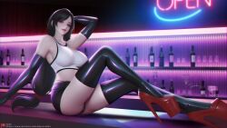 alcohol ass bar_(place) black_hair breasts crop_top elbow_gloves female female_only final_fantasy final_fantasy_vii final_fantasy_vii_remake fully_clothed gloves high_heels large_breasts long_hair looking_at_viewer midriff panties platform_heels red_eyes revealing_clothes sade_abyss shiny_clothes shirt skirt stockings thighhighs thighs tifa_lockhart tight_clothing underwear white_shirt