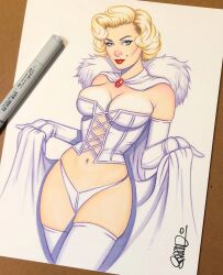 1girls beauty_mark blonde_female blonde_hair blue_eyes celebrity corset emma_frost female_only lipstick marilyn_monroe marvel marvel_comics photo_(medium) red_lipstick scott_blair traditional_media_(artwork) white_clothing white_queen wide_hips x-men