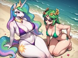 2girls ai_generated barefoot beach bikini bikini_bottom bikini_top bracelet bracelets breasts crossover crown feet female female_only friendship_is_magic goddess green_hair horn jewelry kid_icarus large_breasts long_hair looking_over_eyewear looking_over_sunglasses multicolored_hair my_little_pony necklace on_knees on_sand palutena princess princess_celestia_(mlp) purple_eyes sand sitting sunglasses tail thick_thighs tiara tinted_eyewear unicorn unicorn_horn white_body