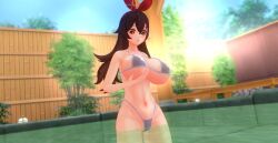 3d amber_(genshin_impact) ass_expansion big_breasts breast_expansion breasts brown_hair felipehessi genshin_impact holding_breast pool white_swimsuit