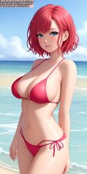 ai_generated anime anime_style beach beach_background big_breasts blue_eyes bra breasts female female_only panties pink_swimsuit red_bra red_hair red_panties red_underwear soli_sketch swimsuit thick_thighs underwear underwear_only white_skin