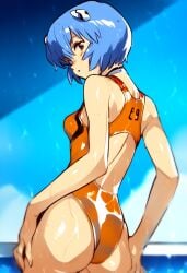 1girls ai_generated ass ass_focus blue_hair female niezero plugsuit pool red_eyes rei_ayanami solo solo_focus water water_drop