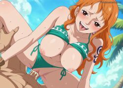 1boy 1girls ai_generated aimisaka arm_tattoo assertive_female bare_shoulders bikini bikini_bottom_aside bikini_top_lift blue_sky blue_tattoo blush bracelet breasts clothes_lift clothing_aside cloud cloudy_sky collarbone cum cum_in_pussy day earrings female green_bikini large_breasts long_hair male nami_(one_piece) navel nipples one_piece open_mouth orange-haired_female orange_hair outdoors palm_tree pearl_earrings penis pov pussy saliva shoulder_tattoo side-tie_bikini_bottom sky smile solo_focus spread_legs tattoo teeth thighs tongue tongue_out tree uncensored