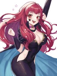 1girls :d arm_up bodysuit breasts choker cleavage covered_navel cowboy_shot facial_mark female female_only fire_emblem fire_emblem_engage highres hip_vent large_breasts long_hair looking_at_viewer nintendo open_mouth pink_choker red_eyes red_hair redrawn simple_background smile solo standing star_(symbol) thighs very_long_hair white_background yunaka_(fire_emblem) zqzbq