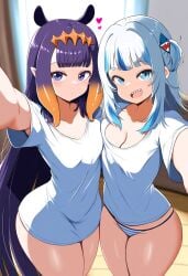 :o cute flat_chest gawr_gura holding_phone hololive hololive_english long_hair ninomae_ina'nis panties room selfie short_hair small_breasts smile t-shirt thick_thighs virtual_youtuber vtuber