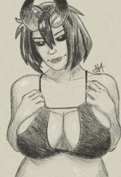 bikini bikini_top demon demon_girl fortnite fortnite:_battle_royale holding_breast horns large_breasts mrpumpernickel night_rose oni oni_female oni_horns