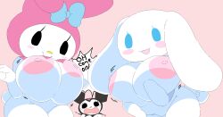 2020 3girls adorable anthro anthrofied big_areola big_breasts big_ears blue_eyes blush_stickers bow breast_squeeze breast_squish canid canid_humanoid cassettedream cinnamon_(cinnamoroll) cinnamoroll cinnamoroll_(series) curled_tail cute dream-cassette featureless_crotch genderswap_(mtf) hi_res hood hoshime huge_breasts kuromi long_ears mob_face motion_lines my_melody onegai_my_melody rabbit rabbit_girl rabbit_humanoid rule_63 sanrio simple_background voice_actor_connection white_body wide_hips