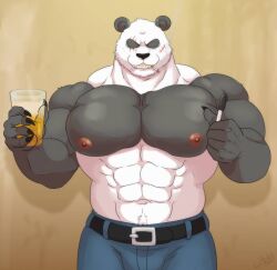 1boy abs beastars belt blue_jeans gay holding_cup huge_pecs jabuhusky male male_only muscular panda scars_on_face smoking_cigarette solo solo_male thick_body