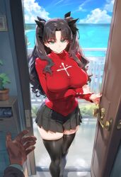 1girls ai_generated black_hair black_legwear blue_eyes breasts dark-skinned_male fate_(series) hi_res inminent_sex light-skinned_female thiccwithaq_(ai_style) thick_thighs tohsaka_rin twintails waifulover