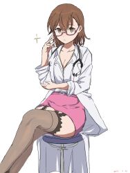 1girls brown_eyes brown_hair clone doctor female female_only garter_belt garter_straps glasses misaka_imouto short_hair sitting small_breasts stockings teenage_girl teenager to_aru_majutsu_no_index young younger_female