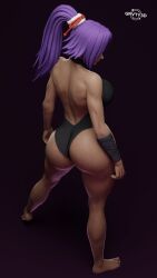 1girls 3d ass ass_focus back back_view big_ass bleach blender dark-skinned_female dark_skin dat_ass female female_only fit_female fully_clothed grvty3d huge_ass large_ass latex leotard muscular muscular_female one-piece_swimsuit ponytail purple_hair shihouin_yoruichi shiny_skin solo tagme thick_thighs