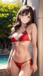 1girls against_wall ai_generated ai_mirror belly_button bikini blush brown_eyes brown_hair long_hair looking_at_viewer medium_breasts pool poolside red_bikini standing trees white_skin