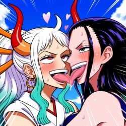 2girls ai_generated blush female female_only french_kiss nico_robin one_piece pleasure_face powerhouserift tongue_kiss yamato_(one_piece) yuri