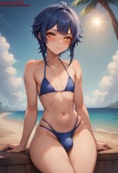 1boy ai_generated balls balls_under_clothes bangs beach bikini bikini_bottom bikini_top blue_bikini blue_hair blush bulge civitai femboy feminine_male genshin_impact highres hips leaning_back light-skinned_male light_skin looking_at_viewer louisjunior male male_focus male_only midriff mihoyo mostly_clothed navel nipple_bulge nipples ocean otoko_no_ko outdoors penis penis_under_clothes skin_tight skindentation slim solo solo_focus solo_male standing sunshine testicles thick_thighs thighs tight_clothing trap twink uncensored upscaled wide_hips xingqiu_(genshin_impact) yellow_eyes