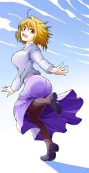 00s absurdres ahoge arcueid_brunestud ass black_pantyhose blonde_hair breasts female highres kyo9999 large_breasts long_skirt pantyhose purple_skirt red_eyes short_hair simple_background skirt solo sweater tsukihime turtleneck