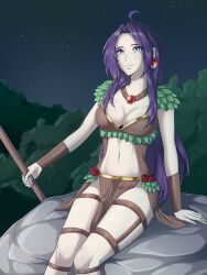 blue_eyes bra bushes clepovicka commission commissioner_upload earrings forest forest_background large_breasts leather_bra leaves loincloth long_hair necklace night nighttime original original_character purple_hair rocks roses sfw sitting sitting_on_rock smiling staff star_gazing stars stomach the_huntress thigh_strap thigh_straps wrist_guards