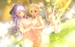 3girls absurdres alternate_hairstyle areola_slip areolae bangs bare_shoulders bare_thighs blonde_hair blush breast_grab breasts camilla_(fire_emblem) camilla_(hot_springs)_(fire_emblem) cleavage collarbone colored_inner_hair corrin_(female)_(fire_emblem) corrin_(fire_emblem) corrin_(fire_emblem)_(female) elise_(fire_emblem) embarrassed female female_only fire_emblem fire_emblem_fates fire_emblem_heroes grin hair_bun hair_over_one_eye highres kashiwamochi_yomogi large_breasts long_hair multicolored_hair multiple_girls naked_towel nintendo nude nude_female official_alternate_costume official_alternate_hairstyle onsen open_mouth pointy_ears ponytail purple_eyes purple_hair red_eyes short_hair sisters small_breasts smile smiling soap steam step-siblings symmetrical_docking thighs towel twintails very_long_hair washing waving waving_hand wavy_hair wet yuri