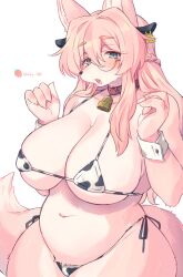 1girls aky_sg6 anthro belly big_glasses bikini blue_eyes collar cow_bikini cow_ears cow_girl cow_print cowbell cuffs cute earrings female furry huge_breasts long_hair looking_at_viewer open_mouth original_character pink_fur pink_hair round_glasses slightly_chubby solo turquoise_eyes