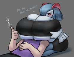 1girls barely_contained barely_contained_breasts blue_hair breasts breasts_on_head female gipehtyboon huge_breasts kirlia lap_pillow massive_breasts nintendo pokémon_(species) pokemon pokemon_(species) shiny_pokemon short_hair shortstack smothering yboon