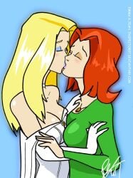 2girls blonde_hair closed_eyes clothed emma_frost female_only green_clothing inspector97 jean_grey kissing marvel marvel_animated_universe marvel_comics orange_hair red_hair simple_background white_clothing white_queen wolverine_and_the_x-men x-men yuri