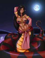 belly_dancer belly_dancer_outfit black_hair cleavage detached_sleeves draconcopode fit_female harem_outfit hips_wider_than_shoulders huge_breasts jemisha_(violet_scales) lamia legless long_hair monster_girl navel navel_piercing nekro-kitty original original_character pointy_ears seductive_look snake_girl thiccsnek thick_naga_hips thick_thighs thick_thighs_save_lives voluptuous voluptuous_body voluptuous_female wide_hips